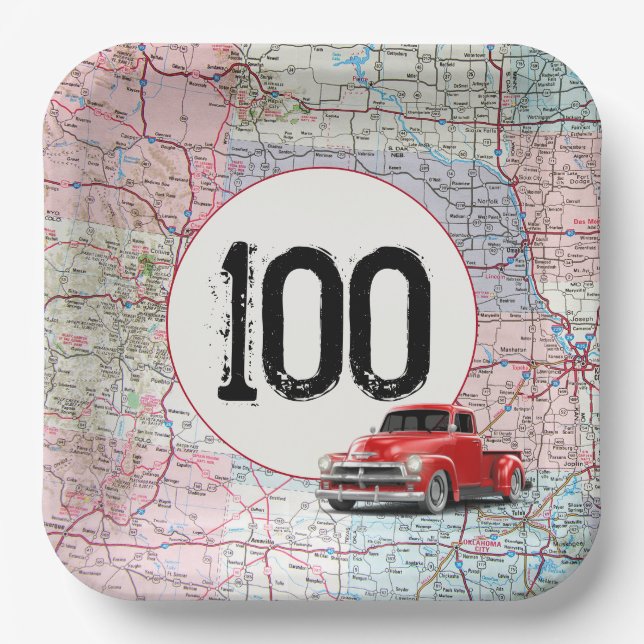 100th Birthday Red Retro Truck on Road Map Paper Plate (Front)
