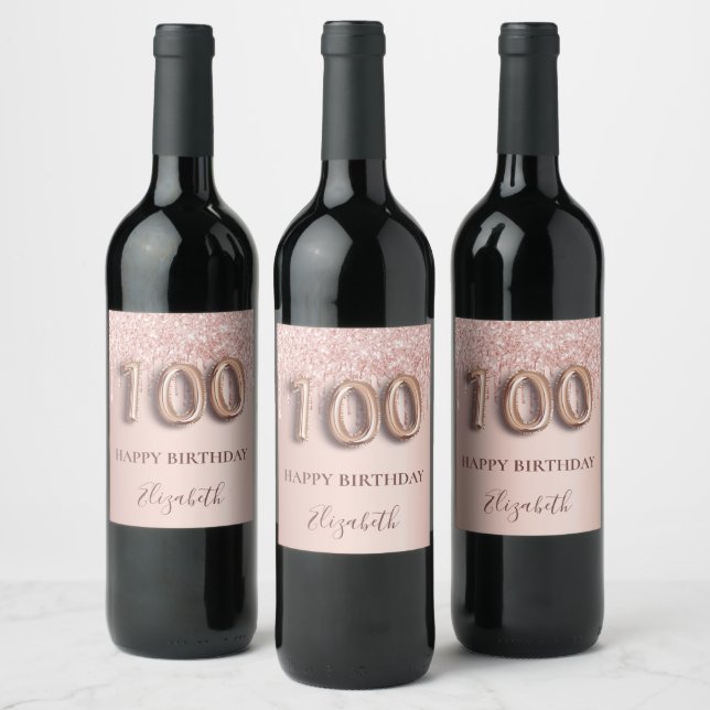 100th birthday rose gold blush drips name wine label (Bottles)