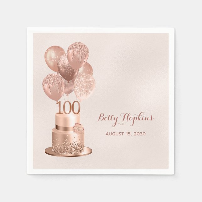 100th Birthday Rose Gold Cake Napkin (Front)
