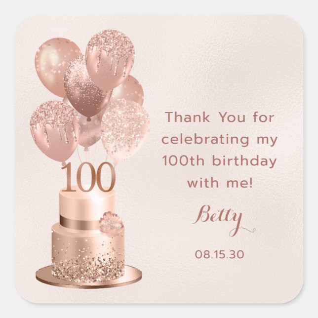 100th Birthday Rose Gold Cake Thank You Square Sticker (Front)