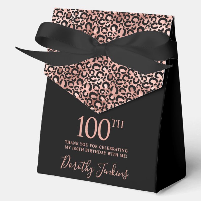 100th Birthday Rose Gold Leopard Print Thank You  Favor Box (Front)