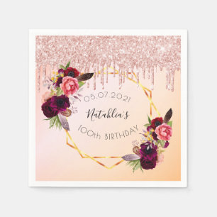 100th birthday rose gold pink geometric glitter napkin
