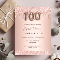 100th birthday rose gold pink invitation