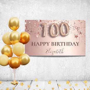 100th birthday rose gold pink stars balloon script banner