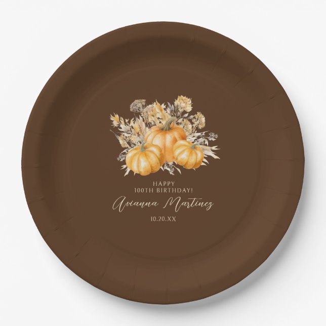100th Birthday Rustic Boho Pumpkin Fall Foliage Paper Plate (Front)