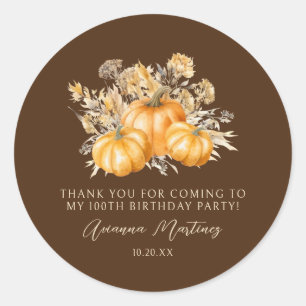 100th Birthday Rustic Pumpkin Fall Thank You Favou Classic Round Sticker