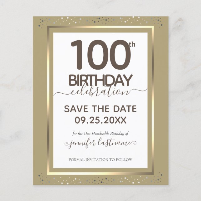 100th Birthday Save the Date Budget Invitation (Front)