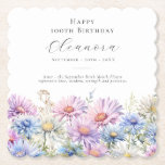 100th Birthday September Birth Flower Custom Paper Coaster<br><div class="desc">Perfect table decor for an September birthday party. Aster is the birth flower for that month. It forms a pretty watercolor bottom border on this floral personalized coaster. The birthday guest of honour's name,  age and birthdate are placed above it using elegant calligraphy and typography. All text is editable.</div>