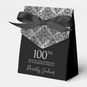 100th Birthday Silver Damask Thank You Favor Box