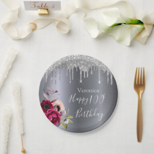 100th birthday silver floral burgundy name paper plate