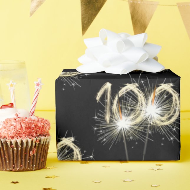 100th Birthday Sparklers on Black  Wrapping Paper (Birthday Party)