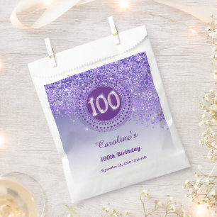 100th Birthday   Sparkling Purple Gold Glitter Favour Bag