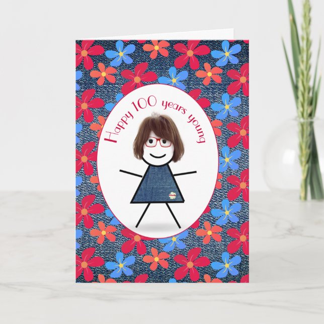 100th Birthday Stick Girl and Daisies On Denim    Card (Front)