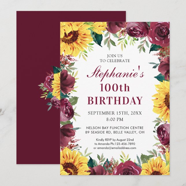 100th Birthday Sunflower Burgundy Rose Border Invitation (Front/Back)