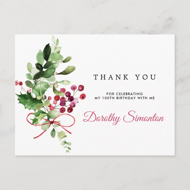 100th Birthday Thank You Rustic Winter Greenery Postcard (Front)