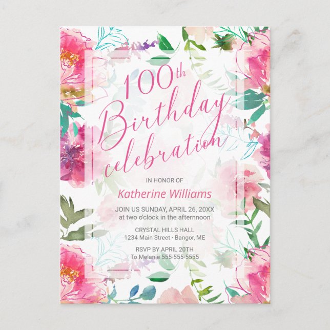 100th Birthday Tropical Watercolor Pink Floral Invitation Postcard (Front)