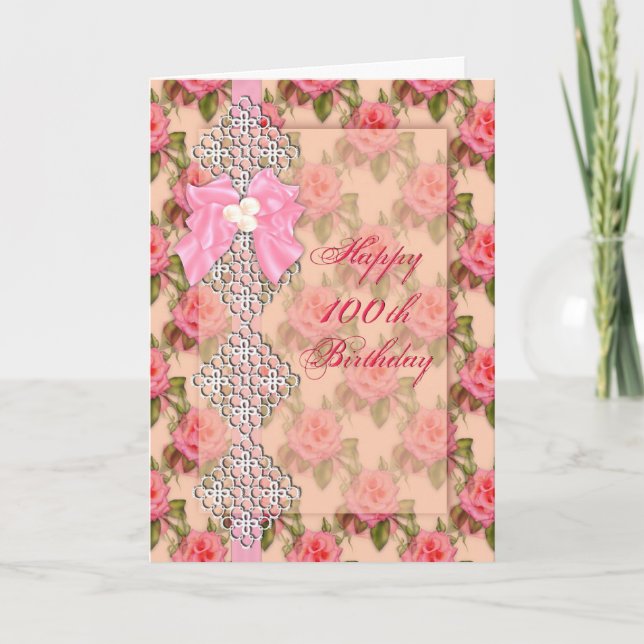100th Birthday, Vintage with Lace/Flowers Card (Front)