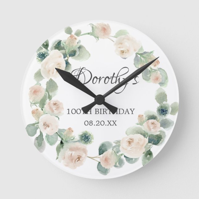 100th Birthday White Rose Floral Eucalyptus Wreath Round Clock (Front)