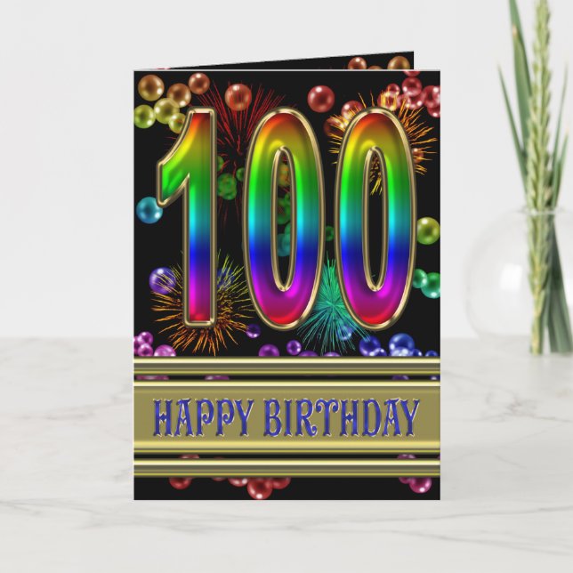 100th Birthday with rainbow bubbles and fireworks Card (Front)