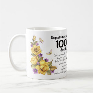 100th Birthday Yellow Rose And Butterfly Gift Mug, Coffee Mug