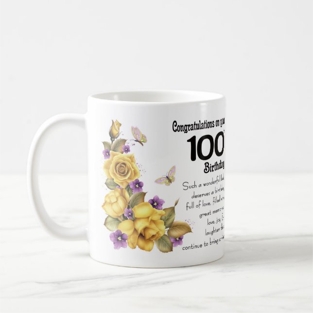 100th Birthday Yellow Rose And Butterfly Gift Mug, Coffee Mug (Left)