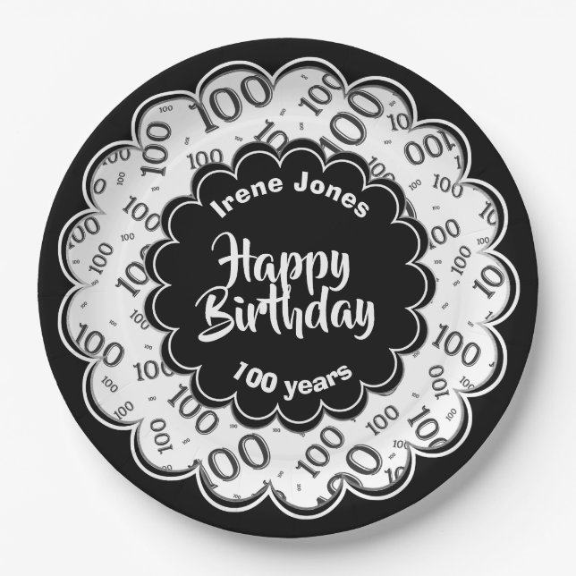 100th Black/White Random Number Pattern Paper Plate (Front)