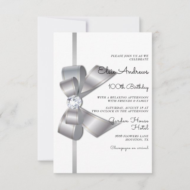 100th Centenarian Jewel Bow & Ribbon Birthday Invitation (Front)