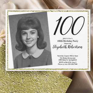 100th Custom Photo White and Gold  Invitation