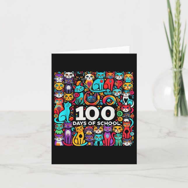 100th Day Cat Easy 100 Days Of School Tee Teacher  Card (Front)