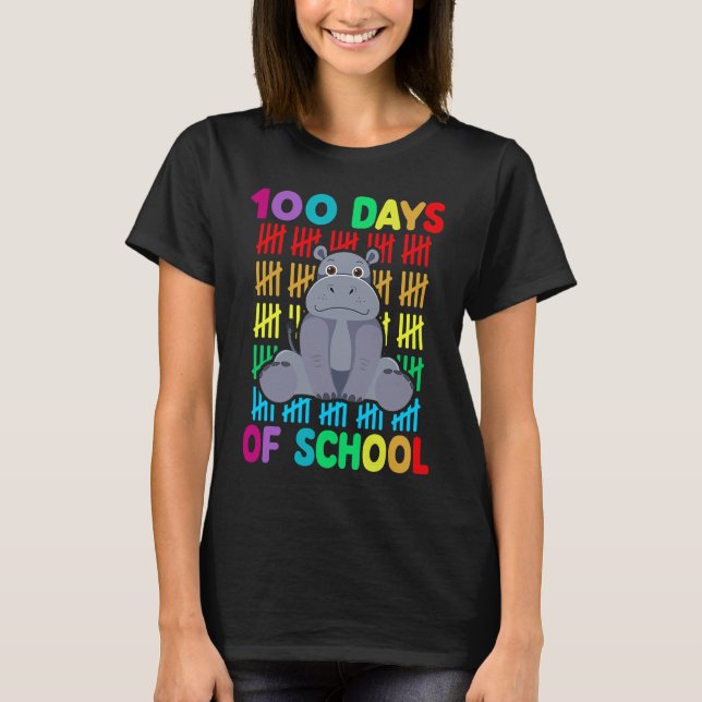 100th Day Of School Animal Hippo  Happy 100th Day  T-Shirt (Front)