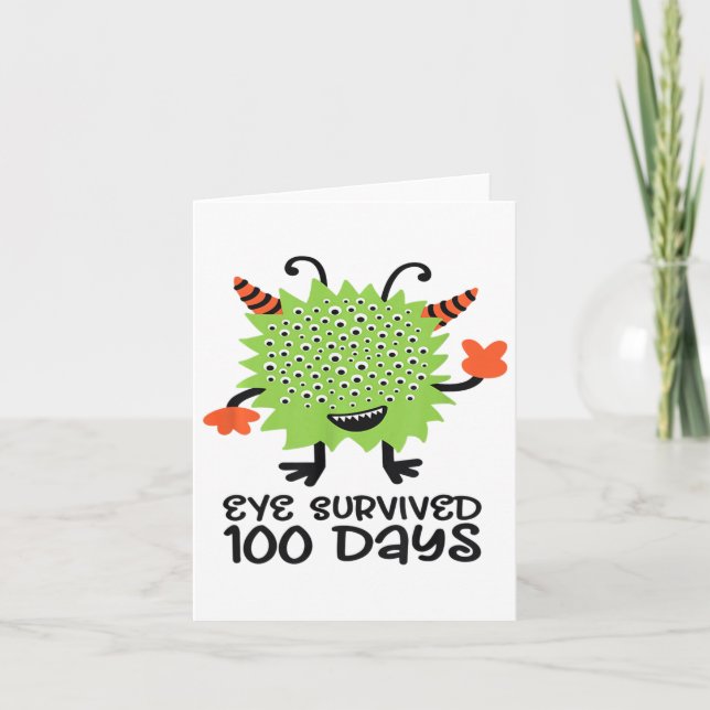 100th Day Of School Monster Boys Kids Eye Survived Card (Front)
