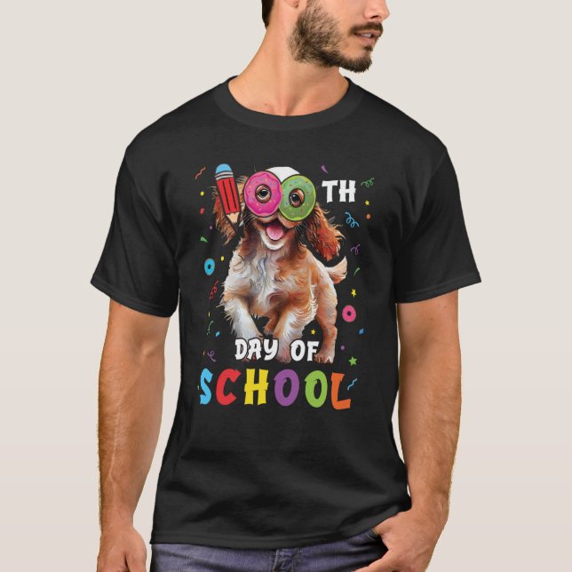 100th Day Of School Spaniel Dog Doughnut 100 Days  T-Shirt (Front)