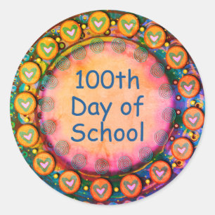 100th Day of School Yellow Hearts Teacher  Classic Round Sticker