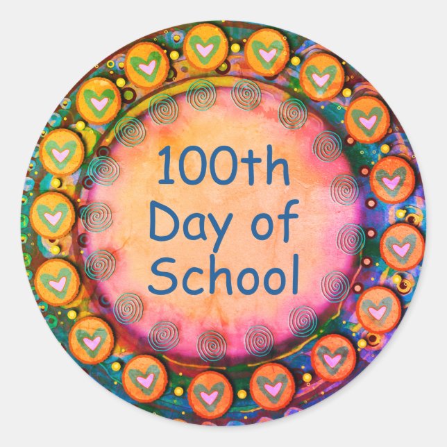 100th Day of School Yellow Hearts Teacher  Classic Round Sticker (Front)