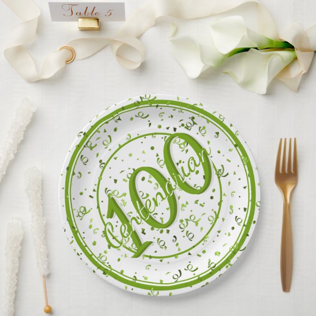 100th Elegant Centenarian Party Green/White Paper Plate (Wedding)
