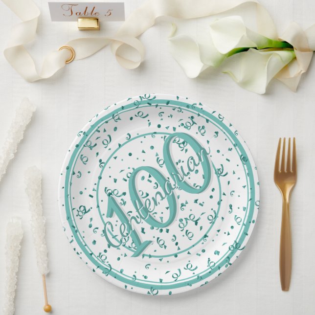 100th Elegant Centenarian Party Teal/White Paper Plate (Wedding)