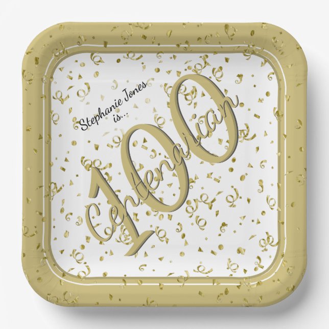 100th Elegant Party Centenarian Gold/White Paper Plate (Front)