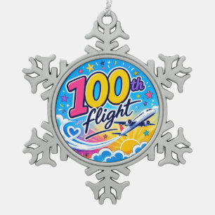 100th flight colourful airplane travel souvenir snowflake pewter christmas ornament