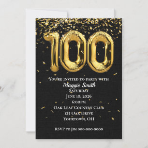100th Gold Birthday Balloons and Confetti Invitation