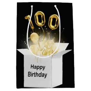 100th Gold Birthday Balloons in White Box Medium Gift Bag