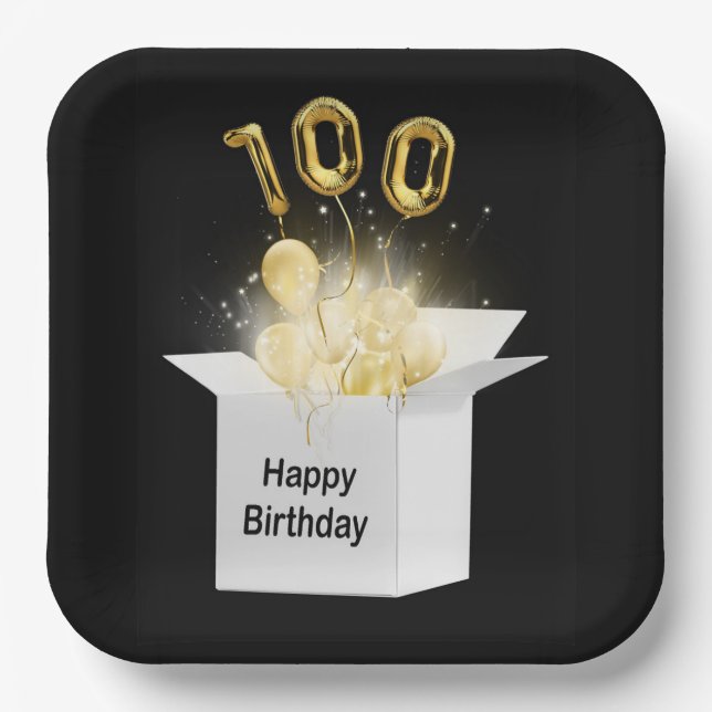 100th Gold Birthday Balloons in White Box  Paper Plate (Front)