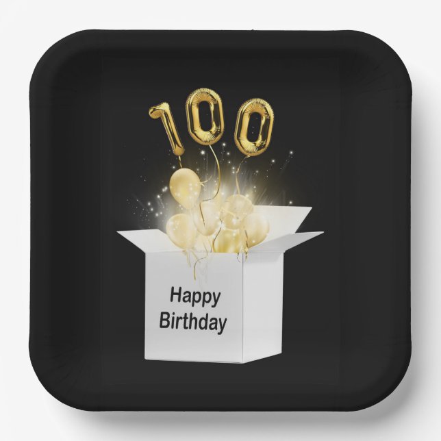 100th Gold Birthday Balloons in White Box   Paper Plate (Front)