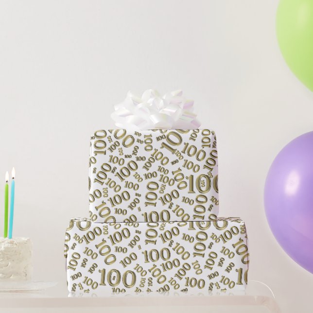 100th Gold/White Random Number Pattern Medium Wrapping Paper (Party Gifts)
