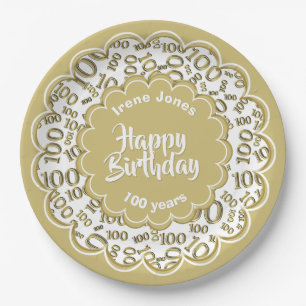 100th Gold/White Random Number Pattern Paper Plate