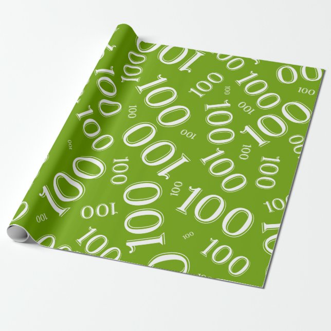 100th Green/White Random Number Pattern Large Wrapping Paper (Unrolled)