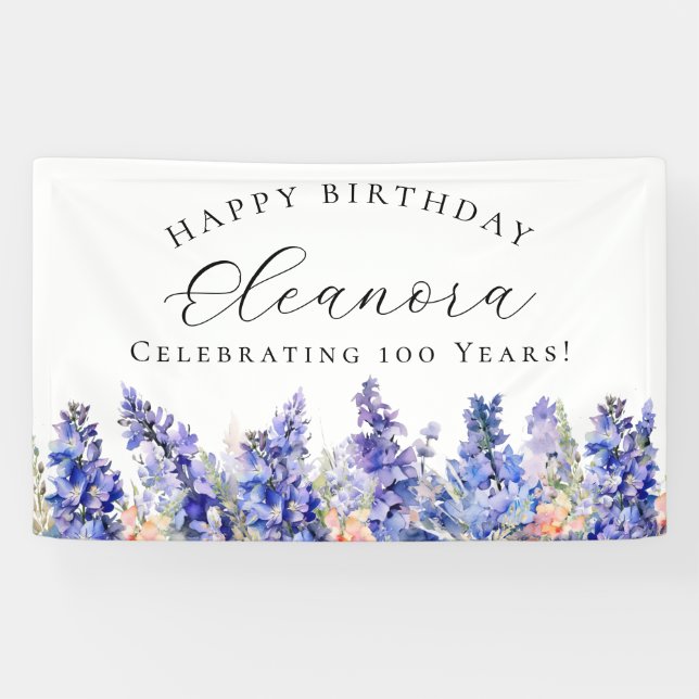 100th Happy Birthday Banner Blue July Birth Flower (Horizontal)
