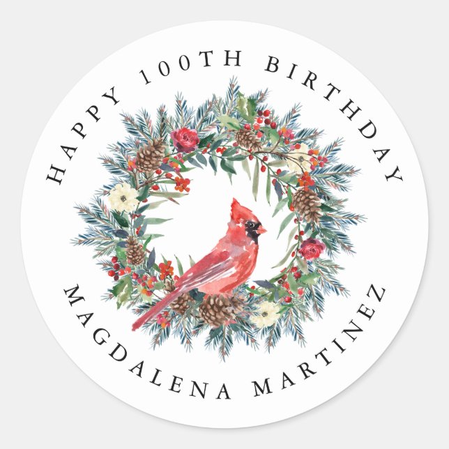 100th Happy Birthday Cardinal Wreath Custom Classic Round Sticker (Front)