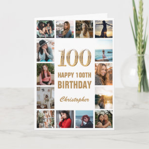 100th Happy Birthday Gold and White Photo Collage Card