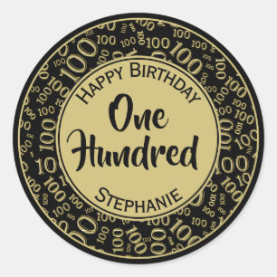 100th Happy Birthday Number Pattern Black/Gold Classic Round Sticker