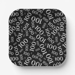 100th Party Random Number Pattern Black/White Paper Plate